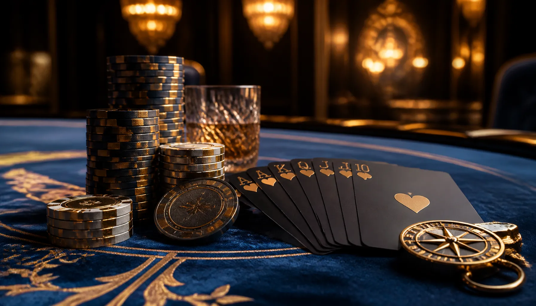 Luxury golden casino chips stacked on deep green velvet surface with cinematic warm dramatic lighting