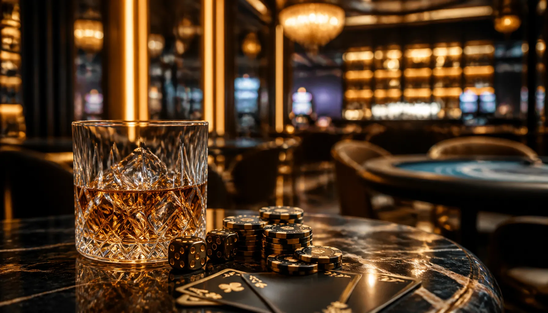Luxury golden casino chips stacked on deep green velvet surface with cinematic warm dramatic lighting
