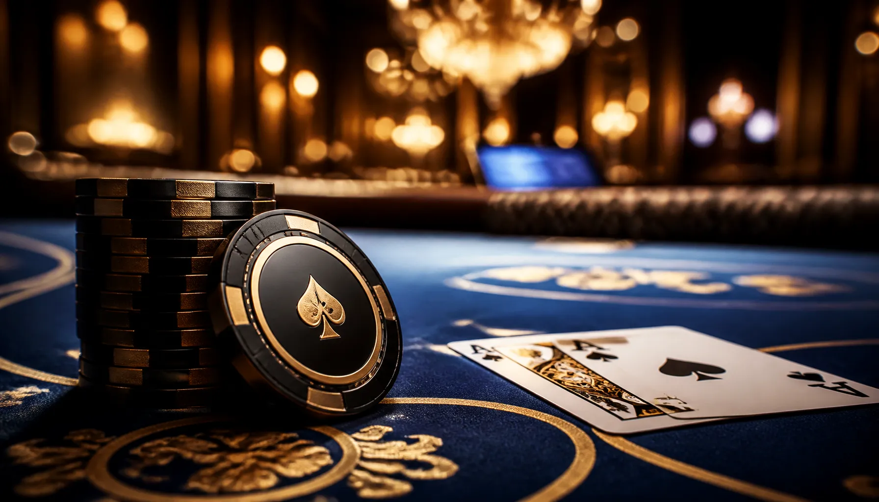 Luxury golden casino chips stacked on deep green velvet surface with cinematic warm dramatic lighting