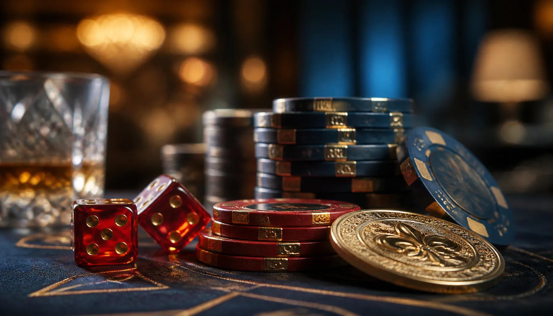 Luxury golden casino chips stacked on deep green velvet surface with cinematic warm dramatic lighting
