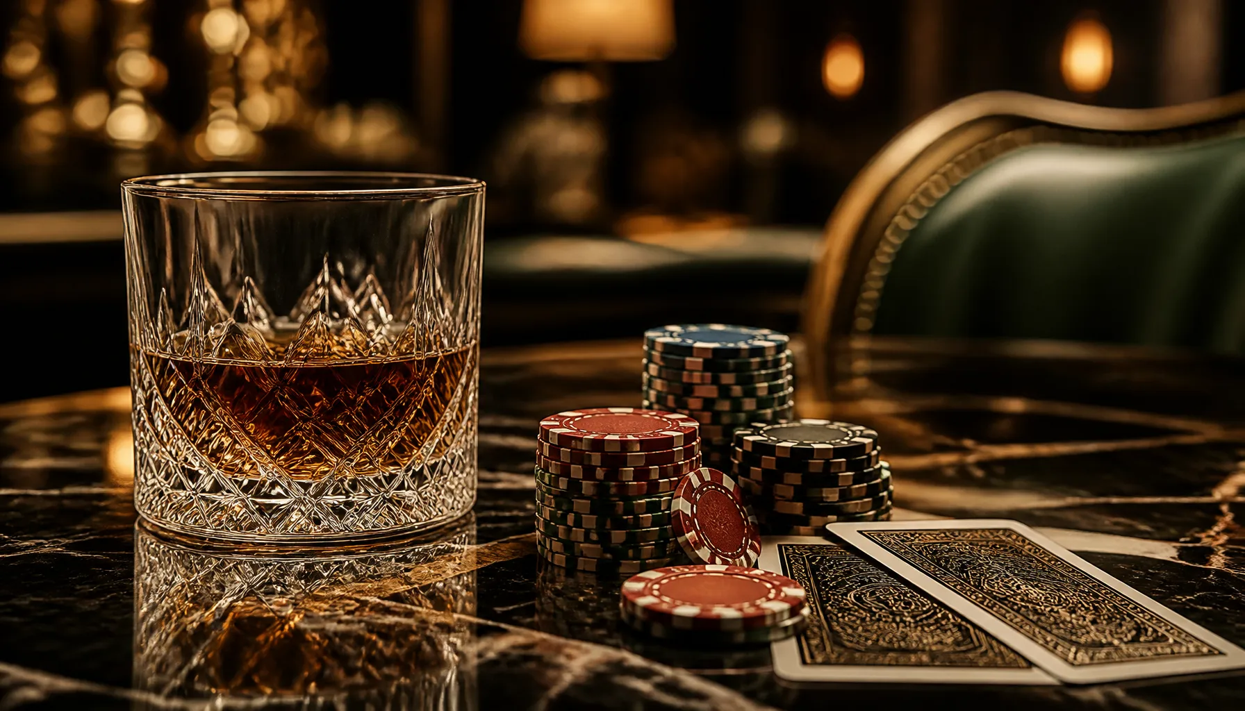 Luxury golden casino chips stacked on deep green velvet surface with cinematic warm dramatic lighting