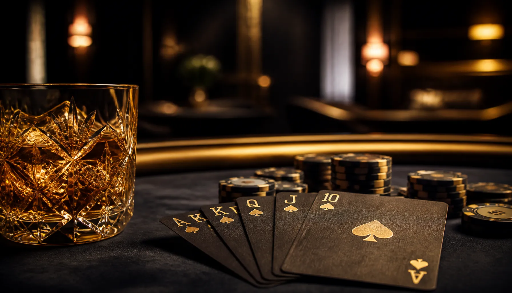 Luxury golden casino chips stacked on deep green velvet surface with cinematic warm dramatic lighting