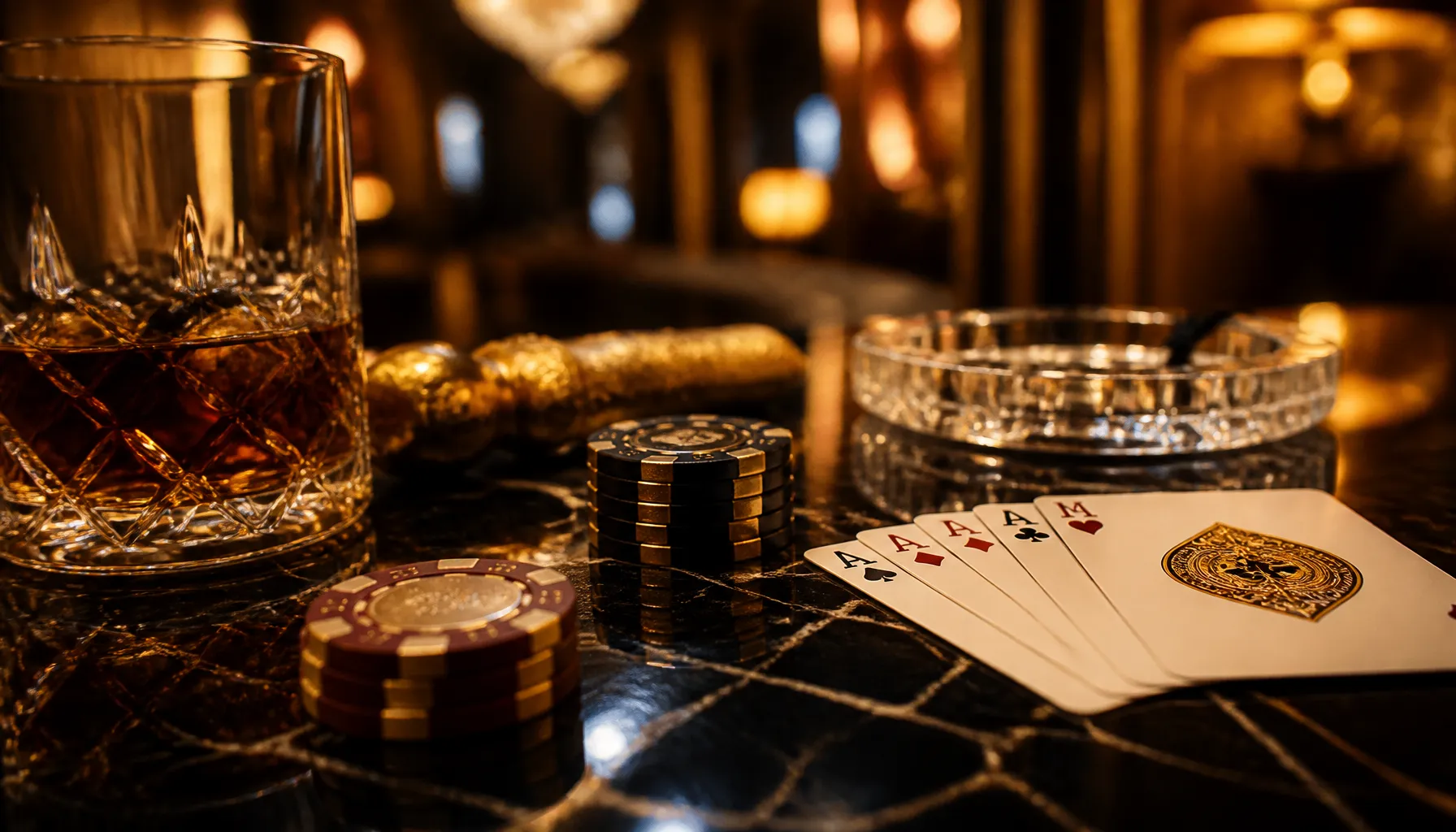 Luxury golden casino chips stacked on deep green velvet surface with cinematic warm dramatic lighting